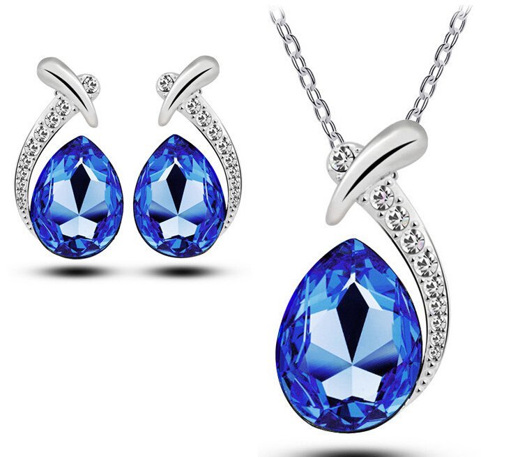 18K White Gold Plated Austrian Crystal Drop Blue Jewelry Set M01040