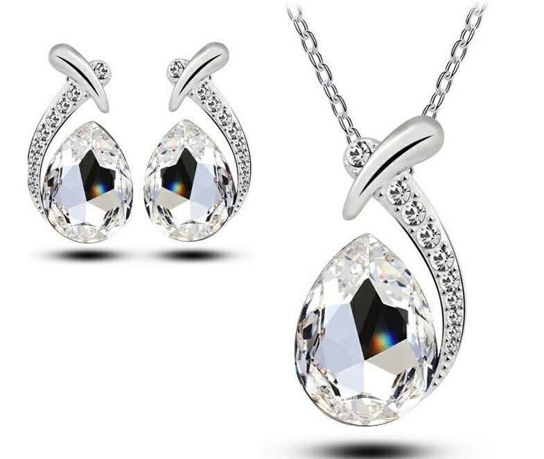 18K White Gold Plated Austrian Crystal Drop Jewelry Set M01043