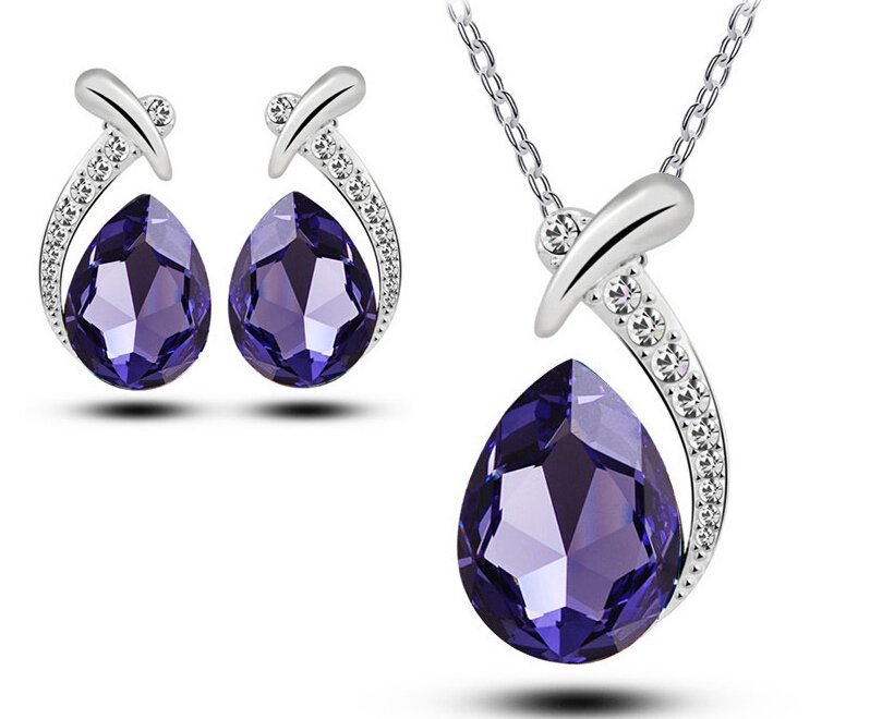 18K White Gold Plated Austrian Crystal Drop Purple Jewelry Set M01042