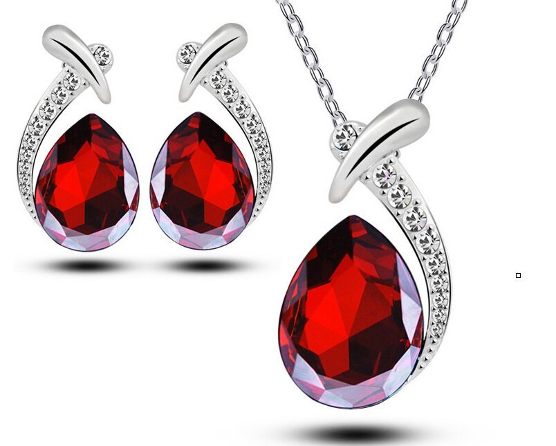 18K White Gold Plated Austrian Crystal Drop Red Jewelry Set M01044