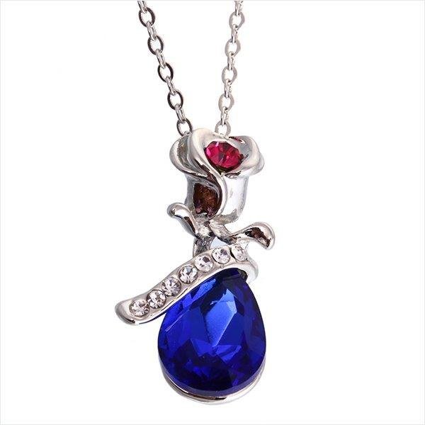 18K White Gold Plated Austrian Crystal Water Drop Blue Necklace M01332
