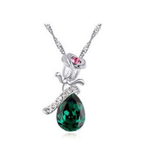 18K White Gold Plated Austrian Crystal Water Drop Green Necklace M01334