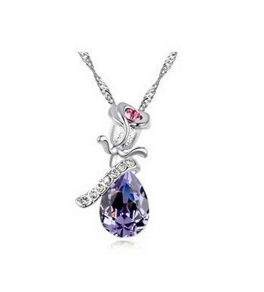 18K White Gold Plated Austrian Crystal Water Drop Purple Necklace M01333