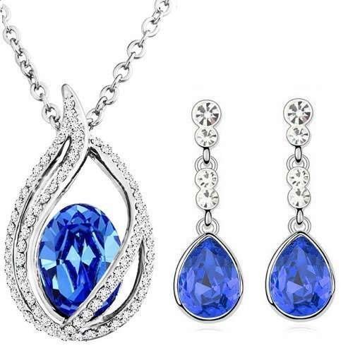 18K White Gold Plated Austrian Crystal and Rhinestone Blue Jewelry Set M01165