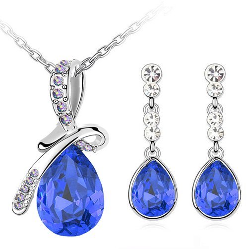 18K White Gold Plated Austrian Crystal and Rhinestone Blue Jewelry Set M01176