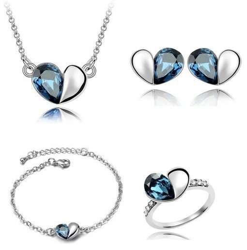 18K White Gold Plated Austrian Crystal and Rhinestone Blue Jewelry Set M01187
