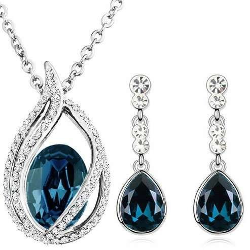 18K White Gold Plated Austrian Crystal and Rhinestone Dark Blue Jewelry Set M01166