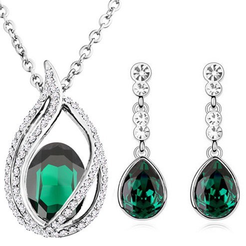 18K White Gold Plated Austrian Crystal and Rhinestone Green Jewelry Set M01161
