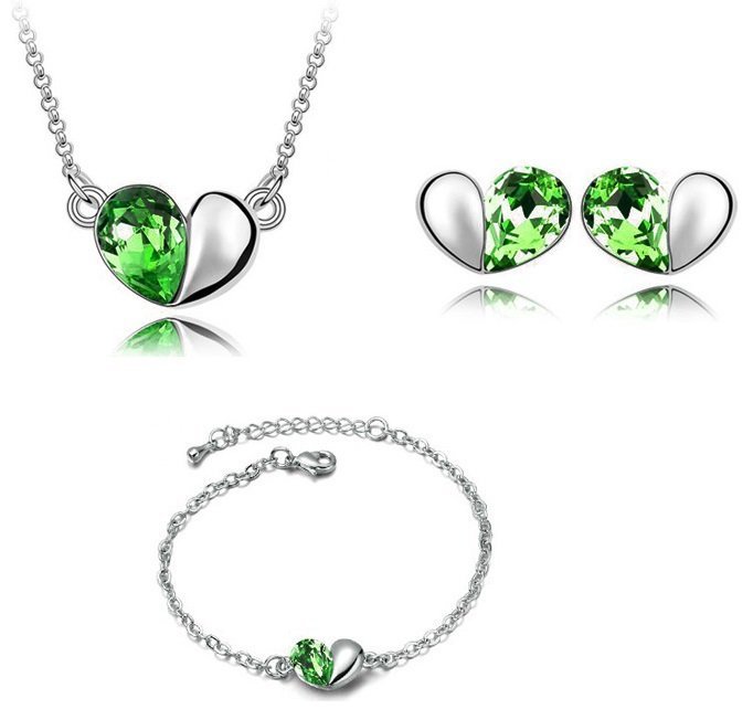 18K White Gold Plated Austrian Crystal and Rhinestone Green Jewelry Set M01190