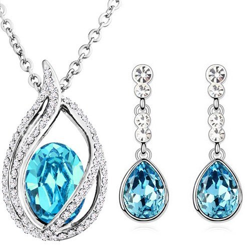 18K White Gold Plated Austrian Crystal and Rhinestone Ocean Blue Jewelry Set M01164