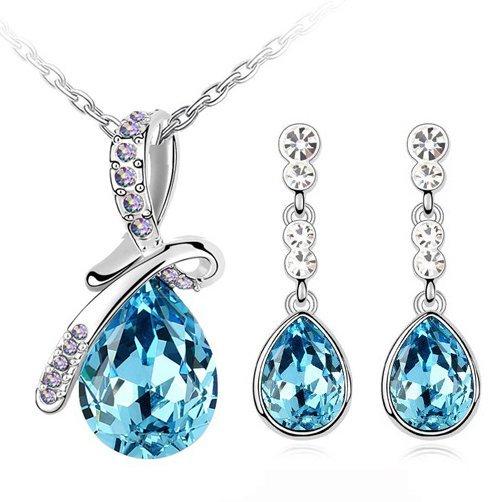 18K White Gold Plated Austrian Crystal and Rhinestone Ocean Blue Jewelry Set M01178