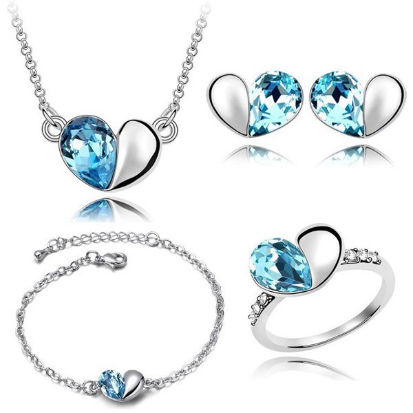 18K White Gold Plated Austrian Crystal and Rhinestone Ocean Blue Jewelry Set M01186
