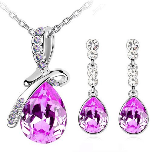 18K White Gold Plated Austrian Crystal and Rhinestone Pink Jewelry Set M01181