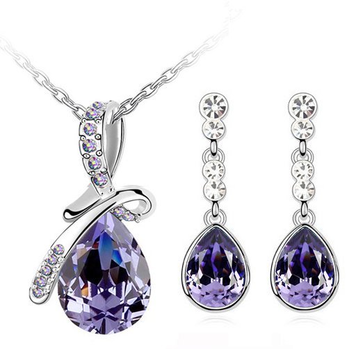 18K White Gold Plated Austrian Crystal and Rhinestone Purple Jewelry Set M01180