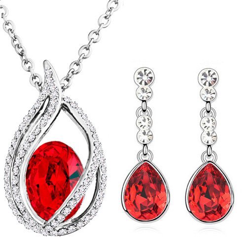 18K White Gold Plated Austrian Crystal and Rhinestone Red Jewelry Set M01162