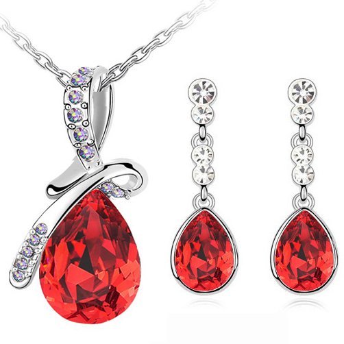 18K White Gold Plated Austrian Crystal and Rhinestone Red Jewelry Set M01182