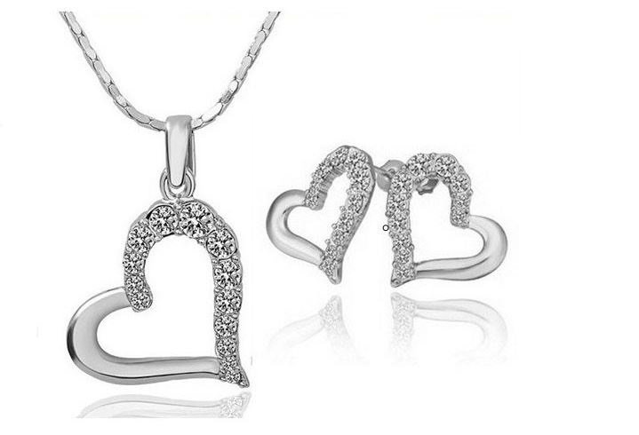 18K White Gold Plated Big Heart Rhinestones Crystals Jewelry Set M01123