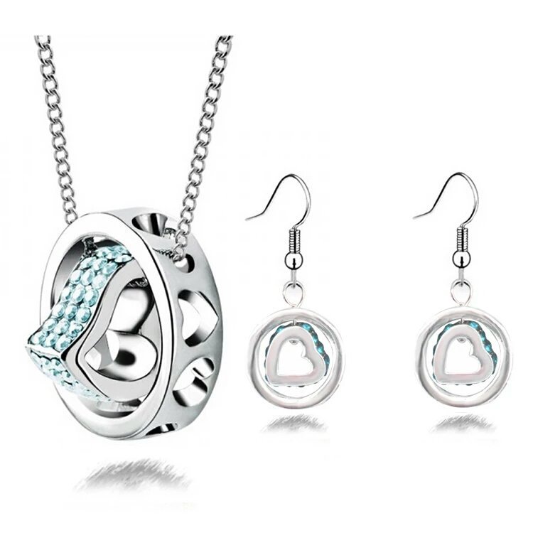 18K White Gold Plated Couples Ocean Blue Rhinestones Jewelry Set M01134