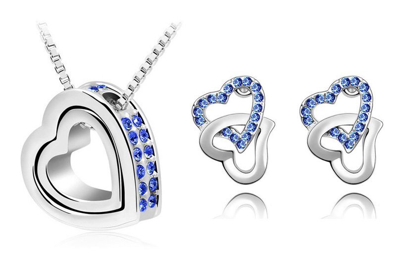 18K White Gold Plated Czech Crystal Couple Heart Blue Jewellery Set M00608