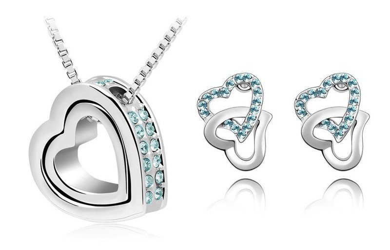 18K White Gold Plated Czech Crystal Couple Heart OceanBlue Jewellery Set M00607