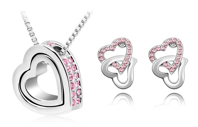 18K White Gold Plated Czech Crystal Couple Heart Rose Jewellery Set M00609