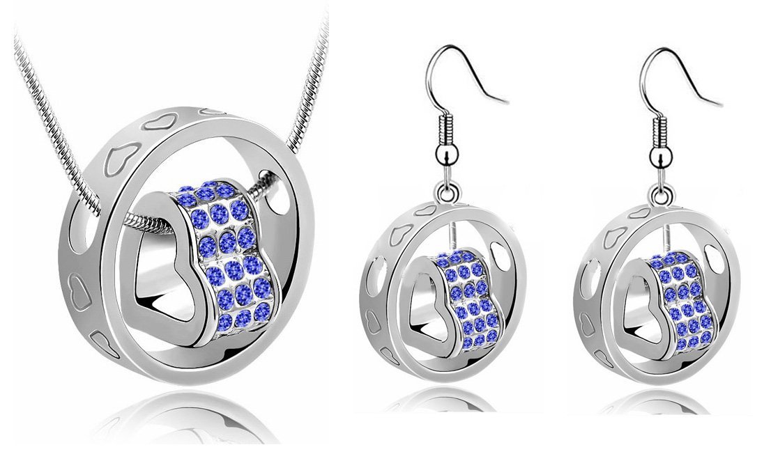 18K White Gold Plated Double Heart Austrian Crystal Bridal Blue Jewellery Set M00751