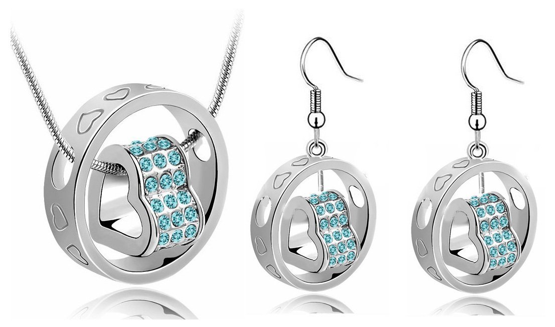 18K White Gold Plated Double Heart Austrian Crystal Bridal Ocean Blue Jewellery Set M00749