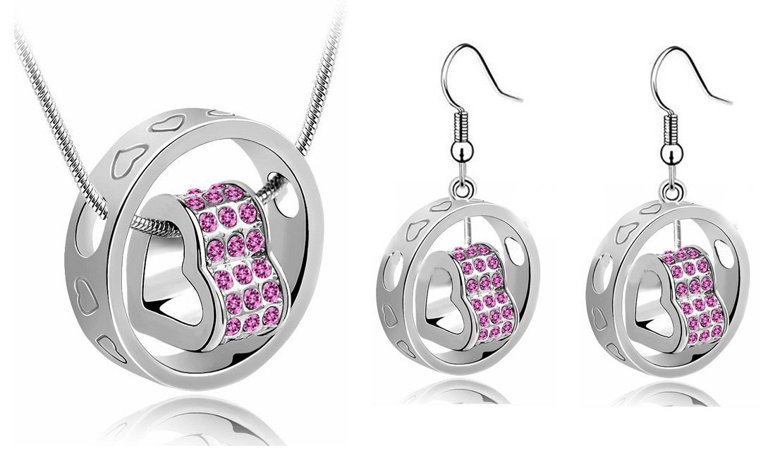 18K White Gold Plated Double Heart Austrian Crystal Bridal Rose Jewellery Set M00750