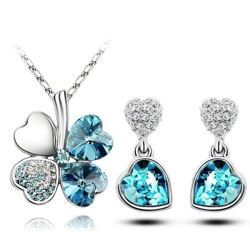 18K White Gold Plated Four Leaf Heart Ocean Blue Jewelry Set M00982