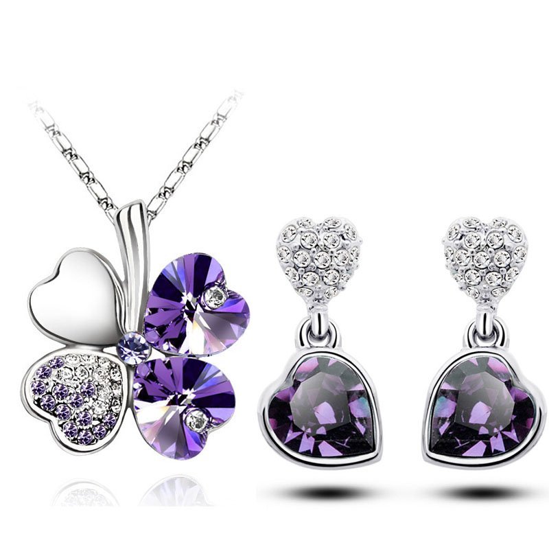 18K White Gold Plated Four Leaf Heart Purple Jewelry Set M00981