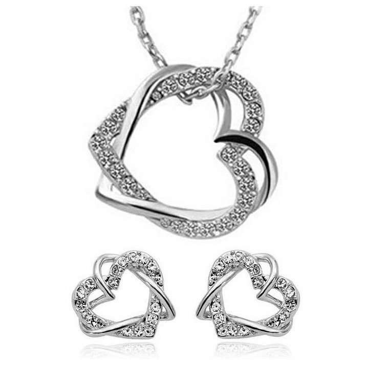18K White Gold Plated Hearts Austrian Crystals Jewelry Set of Necklace and Earrings M00876