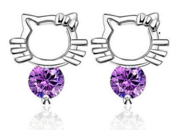 18K White Gold Plated Hello Kitty Zirconia Purple Earrings M01090