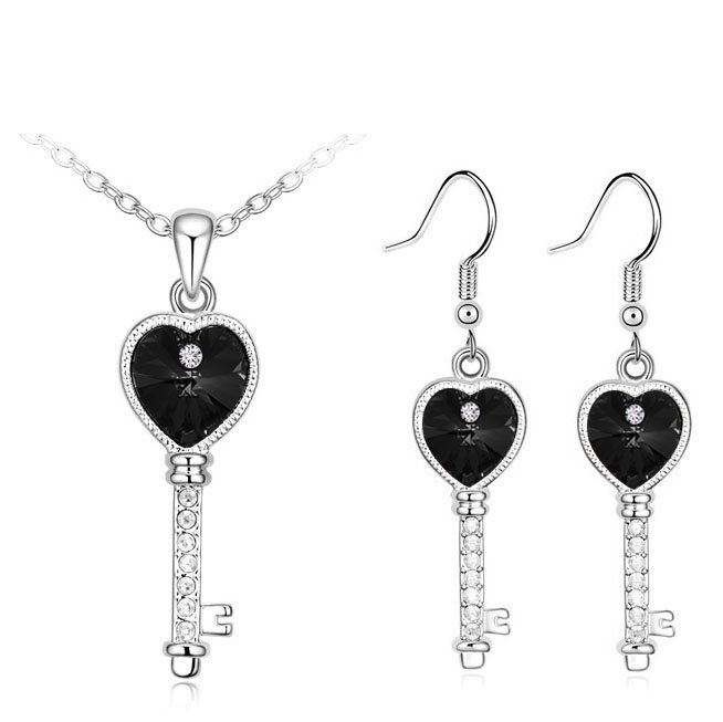 18K White Gold Plated Key Austrian Crystal Black Jewelry Set M00975