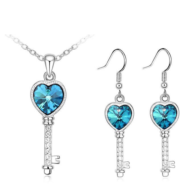18K White Gold Plated Key Austrian Crystal Ocean Blue Jewelry Set M00974