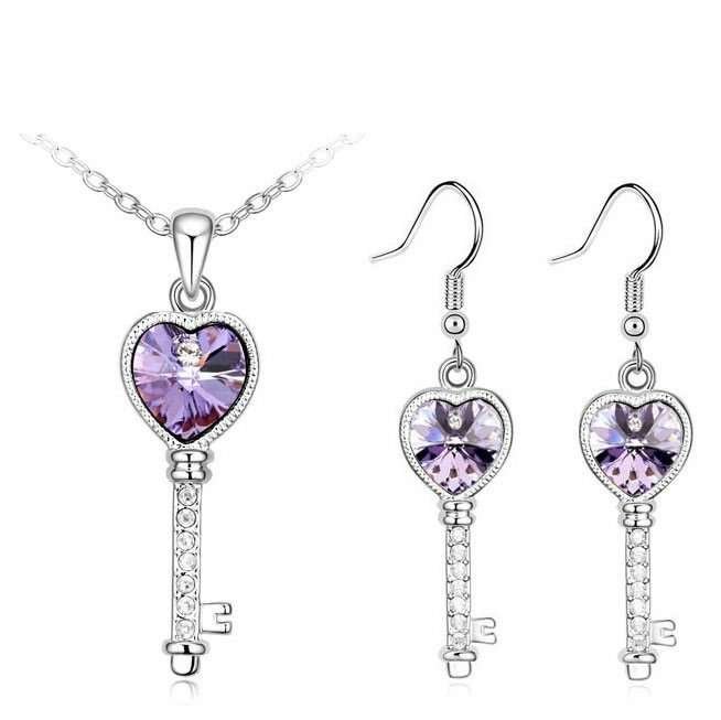 18K White Gold Plated Key Austrian Crystal Violet Jewelry Set M00973