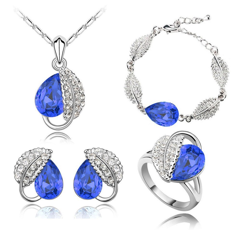 18K White Gold Plated Leaf Austrian Crystals Blue Jewelry Set M01152