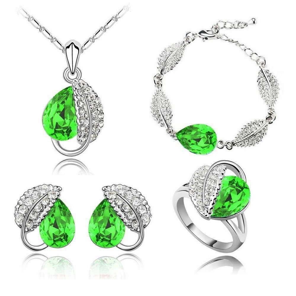18K White Gold Plated Leaf Austrian Crystals Green Jewelry Set M01153