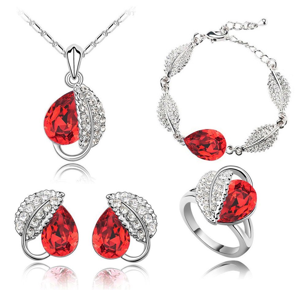 18K White Gold Plated Leaf Austrian Crystals Red Jewelry Set M01151