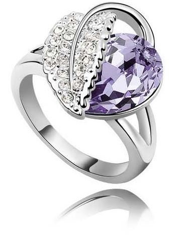 18K White Gold Plated Leaf Heart Violet Swarovski Elements Ring M00878