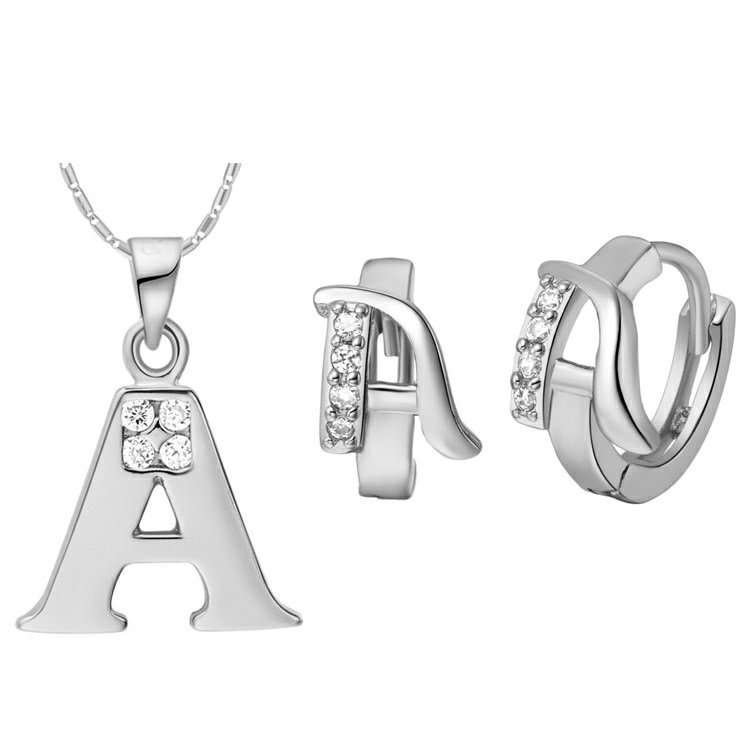 18K White Gold Plated Letter A Zirconia Stones Jewelery Set M00822