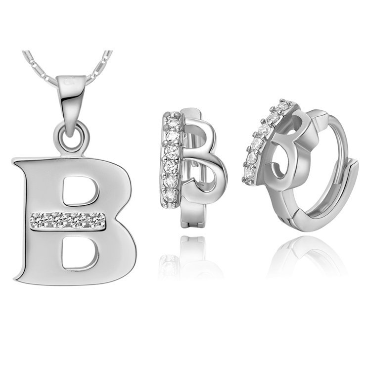 18K White Gold Plated Letter B Zirconia Stones Jewelery Set M00824