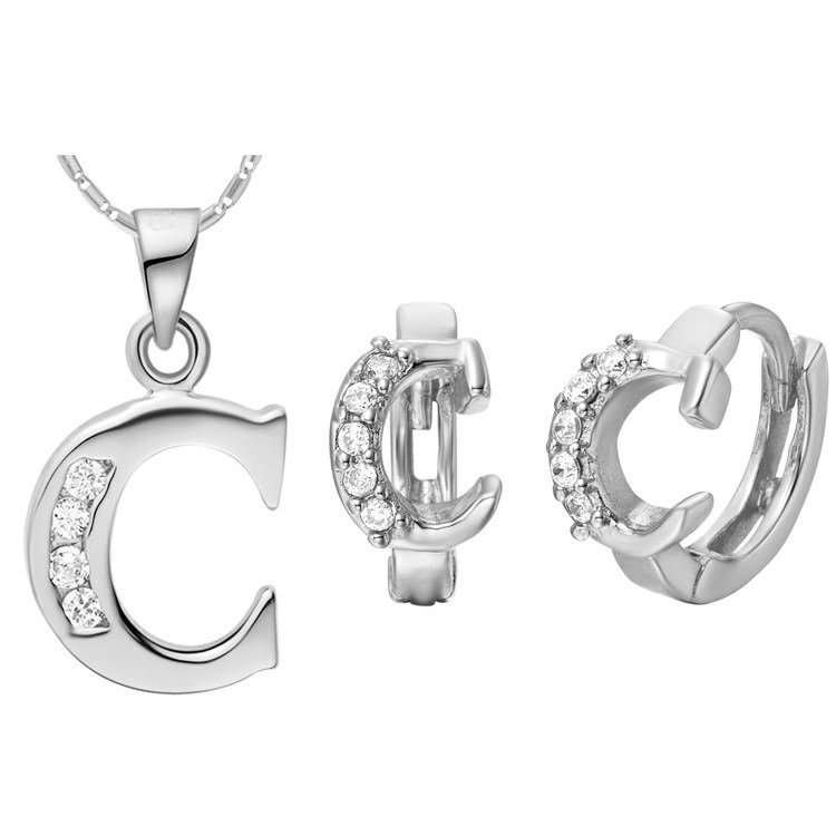18K White Gold Plated Letter C Zirconia Stones Jewelery Set M00826