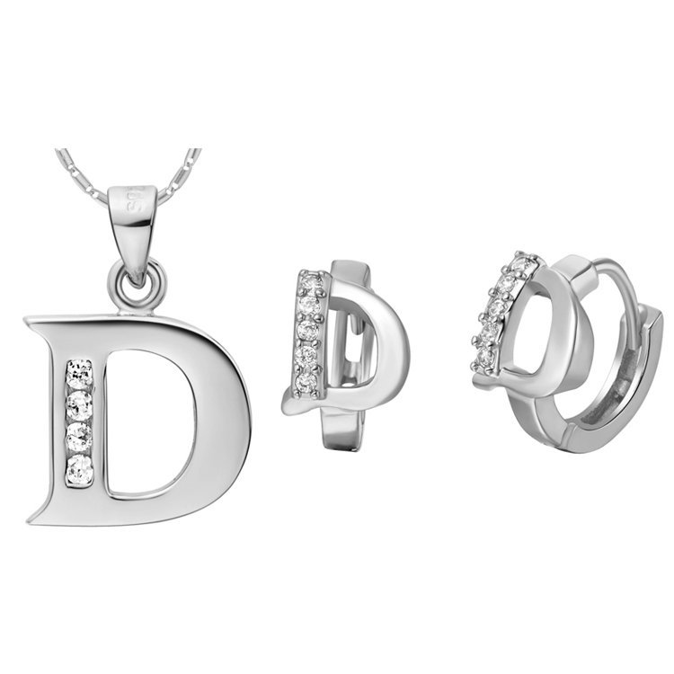 18K White Gold Plated Letter D Zirconia Stones Jewelery Set M00828