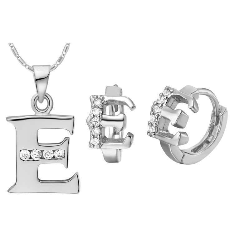 18K White Gold Plated Letter E Zirconia Stones Jewelery Set M00830