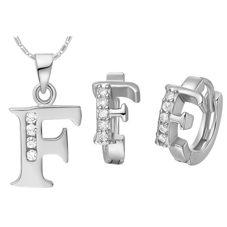 18K White Gold Plated Letter F Zirconia Stones Jewelery Set M00832