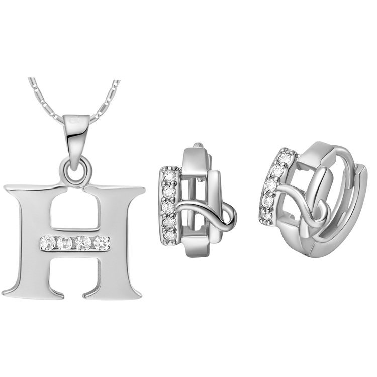 18K White Gold Plated Letter H Zirconia Stones Jewelery Set M00834