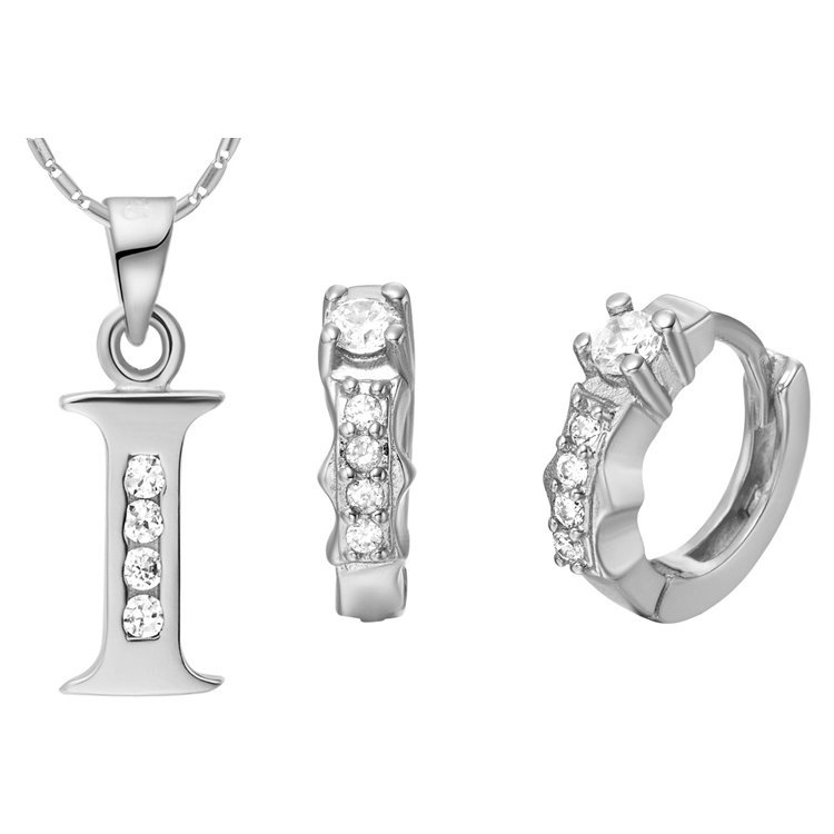 18K White Gold Plated Letter I Zirconia Stones Jewelery Set M00836