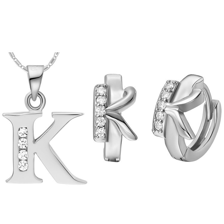 18K White Gold Plated Letter K Zirconia Stones Jewelery Set M00838