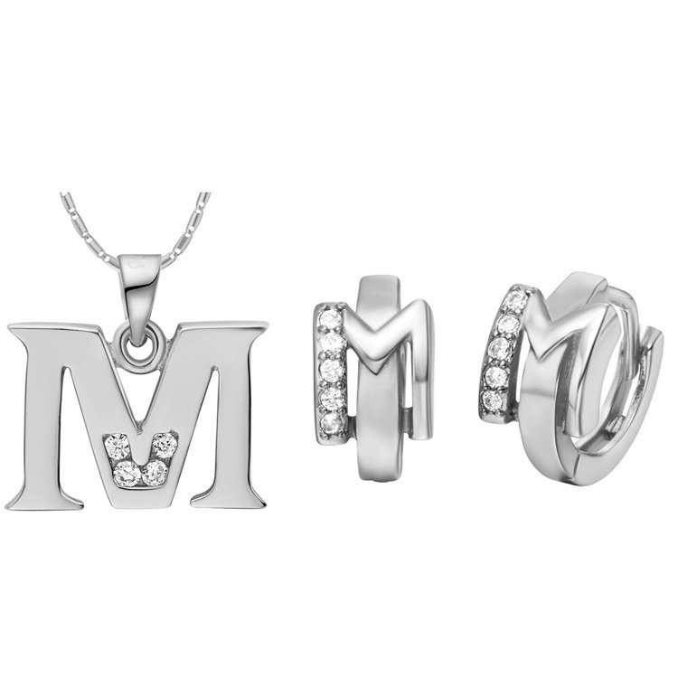 18K White Gold Plated Letter M Zirconia Stones Jewelery Set M00840