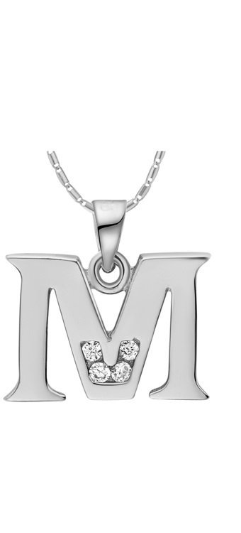 18K White Gold Plated Letter M Zirconia Stones Necklace M00928